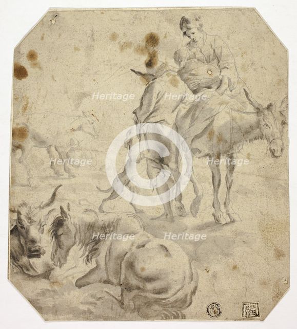 Woman and Child on Donkey, Man, Dogs, Horses, n.d. Creator: Unknown.