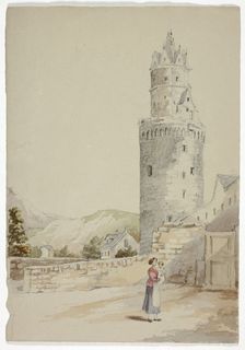 Woman and Child before Walled Town with Tower, n.d. Creator: Elizabeth Murray