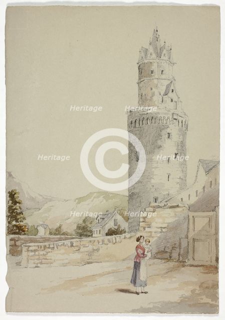 Woman and Child before Walled Town with Tower, n.d. Creator: Elizabeth Murray.