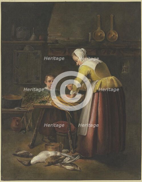 Woman and child in the kitchen with carrots and poultry. Creator: Henricus Franciscus Wiertz.