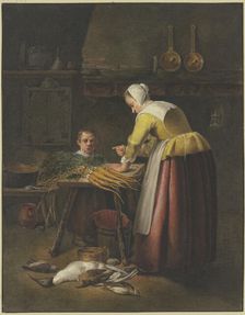 Woman and child in the kitchen with carrots and poultry. Creator: Henricus Franciscus Wiertz