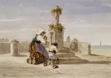 Woman and Child Kneeling Before a Cross, c1865. Creator: Jules Jacques Veyrassat
