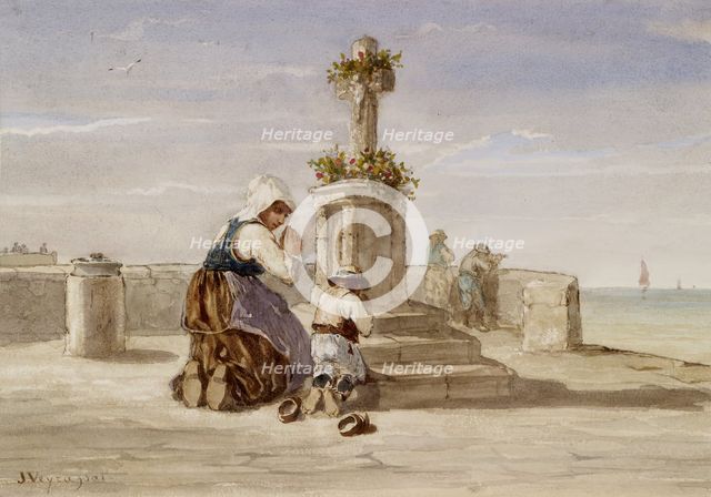 Woman and Child Kneeling Before a Cross, c1865. Creator: Jules Jacques Veyrassat.