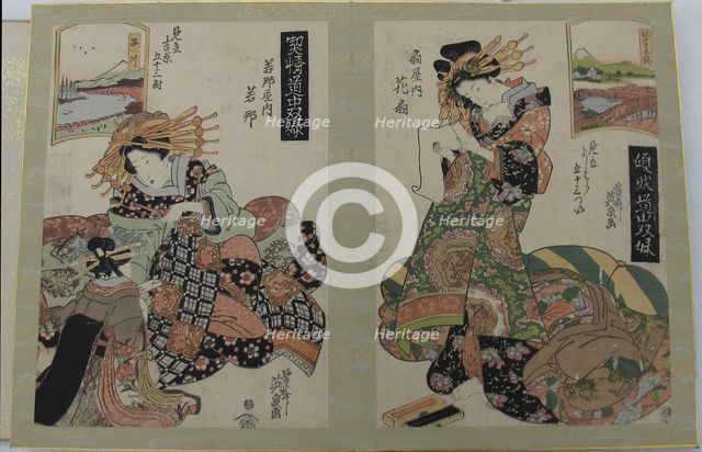Woman and her maid, woman with scroll, early-mid 19th century. Creator: Ikeda Eisen.