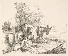 Woman and infant satyr in a landscape, the woman twisting to look over her left sho..., ca. 1740-42. Creator: Giovanni Battista Tiepolo