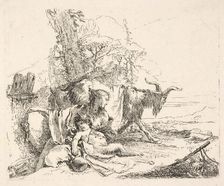 Woman and infant satyr in a landscape, the woman twisting to look over her left sho..., ca. 1740-42. Creator: Giovanni Battista Tiepolo