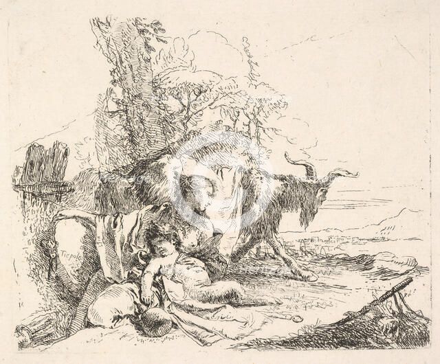 Woman and infant satyr in a landscape, the woman twisting to look over her left sho..., ca. 1740-42. Creator: Giovanni Battista Tiepolo.