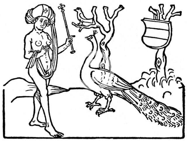 Woman and peacock, 1475 (1964).  Artist: Anon