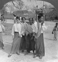 Woman and servants going to a market, Mandalay, Burma, 1908. Artist: Stereo Travel Co