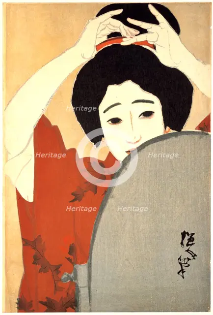 'Woman Adjusting Her Hair in Front of the Mirror', 1930. Artist: Kitano Tsunetoni