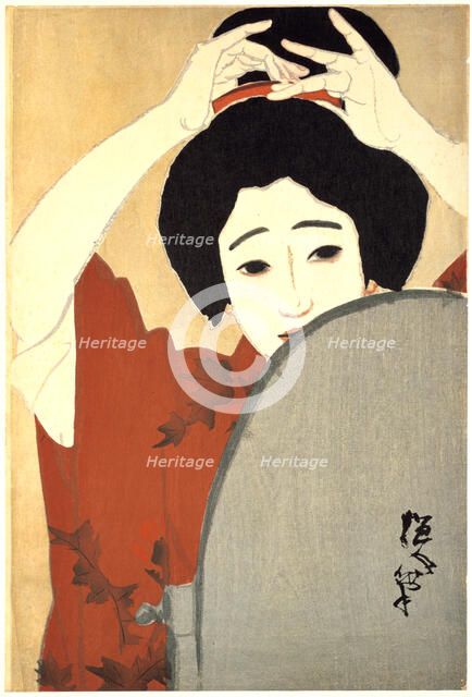 'Woman Adjusting Her Hair in Front of the Mirror', 1930. Artist: Kitano Tsunetoni