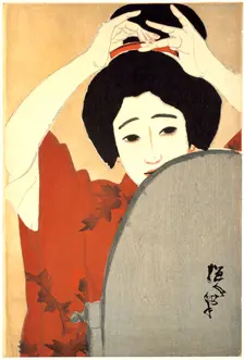 Woman Adjusting Her Hair in Front of the Mirror 1930. Artist: Kitano Tsunetoni