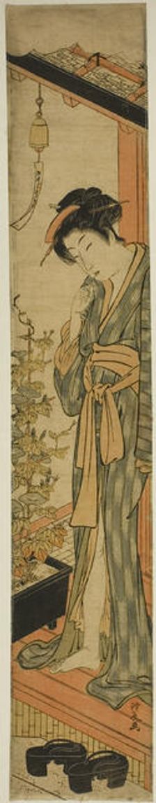 Woman Admiring Morning Glories while Brushing Her Teeth, c. 1779. Creator: Torii Kiyonaga