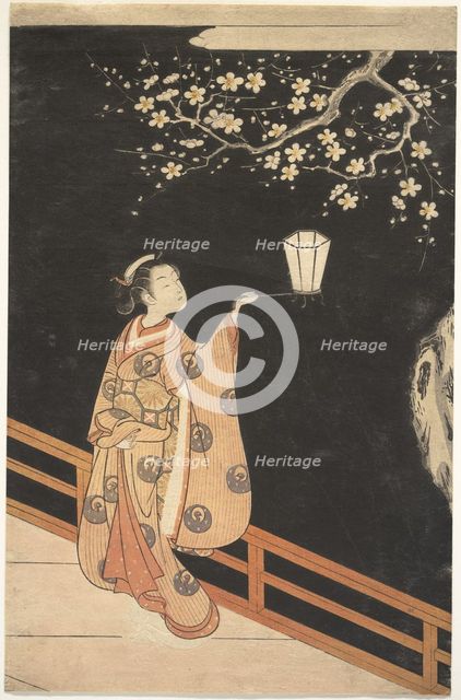 Woman Admiring Plum Blossoms at Night.