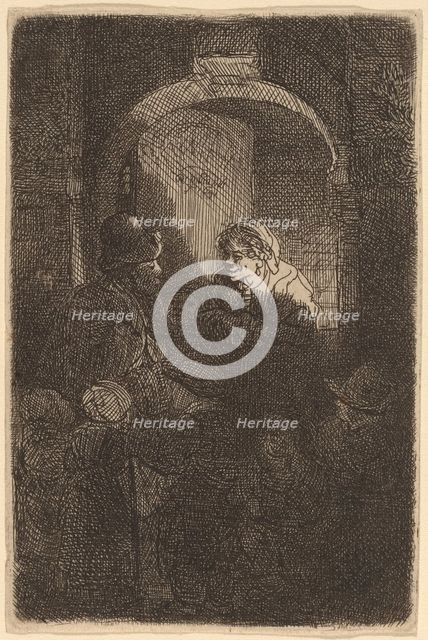 Woman at a Door Hatch Talking to a Man and Children (The Schoolmaster), 1641. Creator: Rembrandt Harmensz van Rijn.