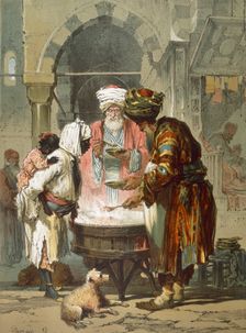 Woman at a street fountain (Sebil), pub. 1865. Creator: Amadeo Preziosi (1816-82)