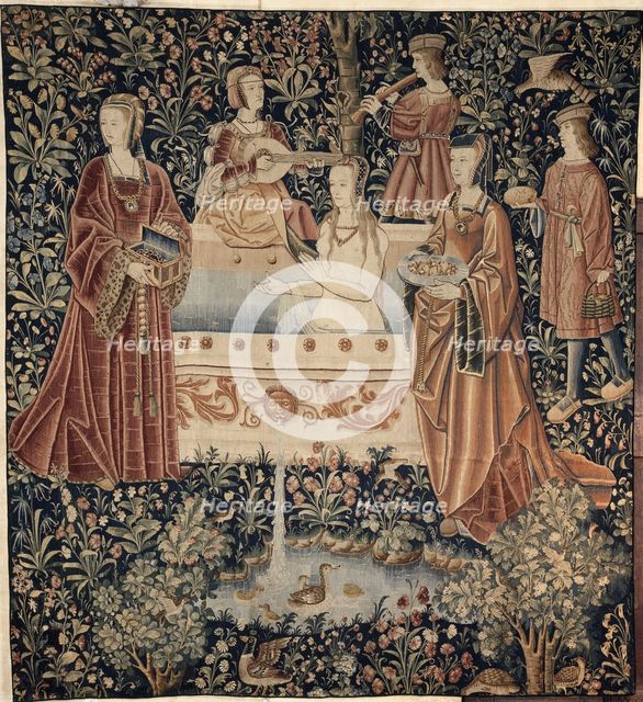 Woman Bathing surrounded by Attendants (Tapestry series La Vie Seigneuriale), c. 1500. Artist: Anonymous master  