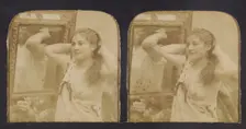 Woman before mirror with hands behind head, one breast exposed, 1855-1860. Creator: Unknown