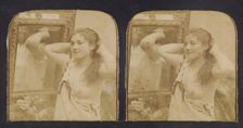 Woman before mirror with hands behind head, one breast exposed, 1855-1860. Creator: Unknown