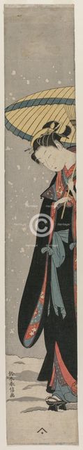 Woman (Bihin) with Parasol in Snow (From the series Mu Tamagawa). Creator: Suzuki Harunobu (Japanese, 1724-1770).