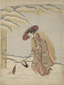 Woman Digging Bamboo Shoots in the Snow, or Parody of Meng Zong (Moso), from Twenty-Fo..., ca. 1765. Creator: Suzuki Harunobu