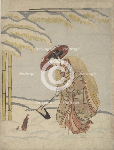 Woman Digging Bamboo Shoots in the Snow, or Parody of Meng Zong (Moso), from Twenty-Fo..., ca. 1765. Creator: Suzuki Harunobu.