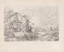 Woman drawing water from a well beneath an arcade at left, with a landscape at right, 1..., 1717-68. Creator: Canaletto