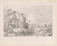 Woman drawing water from a well beneath an arcade at left, with a landscape at right, 1..., 1717-68. Creator: Canaletto