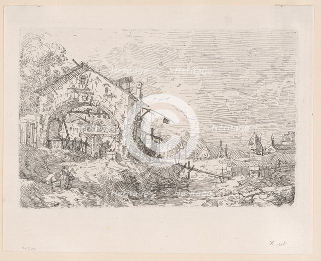 Woman drawing water from a well beneath an arcade at left, with a landscape at right, 1..., 1717-68. Creator: Canaletto.