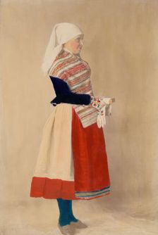 Woman dressed in folk costume, holiday costume from northern Öland, 1880-1907. Creator: Helene Edlund