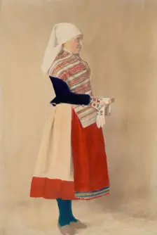 Woman dressed in folk costume, holiday costume from northern Öland, 1880-1907. Creator: Helene Edlund