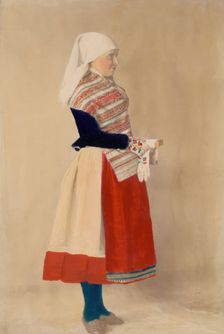 Woman dressed in folk costume, holiday costume from northern Öland, 1880-1907. Creator: Helene Edlund