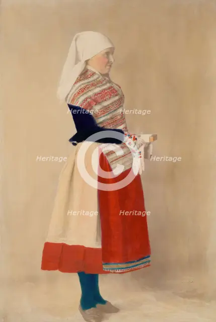 Woman dressed in folk costume, holiday costume from northern Öland, 1880-1907. Creator: Helene Edlund.