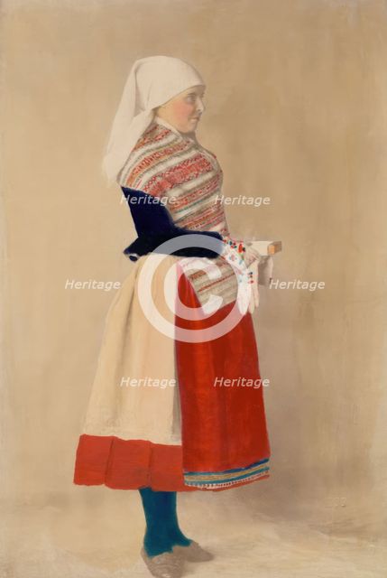 Woman dressed in folk costume, holiday costume from northern Öland, 1880-1907. Creator: Helene Edlund.