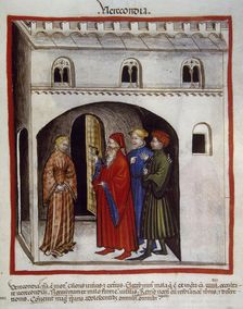 Woman embarrassed before a group of men, 14th century. Creator: Unknown