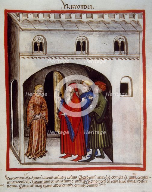 Woman embarrassed before a group of men, 14th century.  Creator: Unknown.