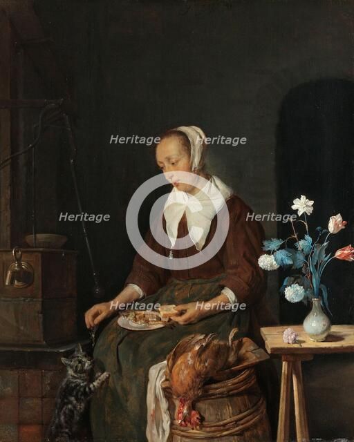 Woman Eating, Known as ‘The Cat’s Breakfast’, c.1661-c.1664. Creator: Gabriel Metsu.
