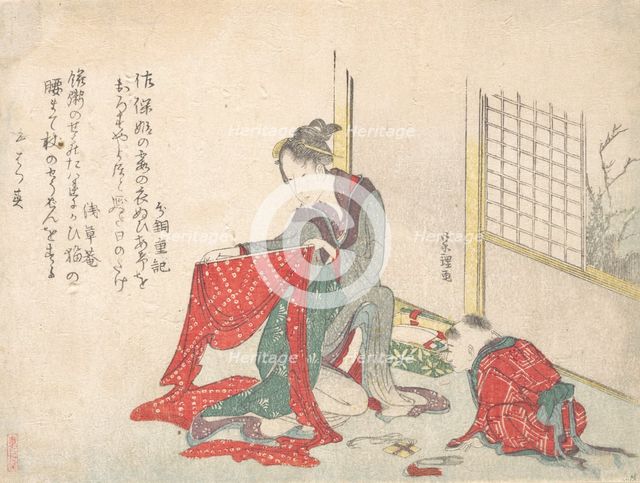 Woman Folding Cloth, late 18th-early 19th century. Creator: Hokusai.