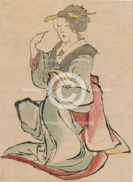Woman facing the right, beckoning, late 18th-early 19th century. Creator: Hokusai.