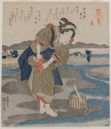 Woman Fastening her Skirts; from the series Five Pictures of Low Tide, late 1820s. Creator: Utagawa Kuniyoshi (Japanese, 1797-1861)