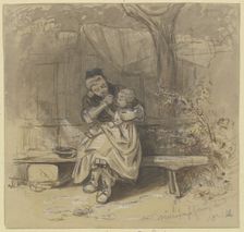 Woman feeding a small child outdoors, 1842. Creator: Jakob Dielmann