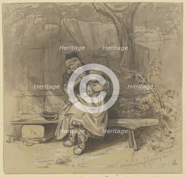 Woman feeding a small child outdoors, 1842. Creator: Jakob Dielmann.