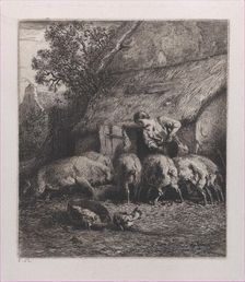 Woman Feeding Pigs, 1850. Creator: Charles Emile Jacque