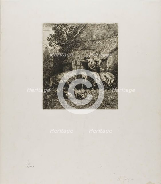 Woman Feeding Six Pigs, 1850. Creator: Charles Emile Jacque.