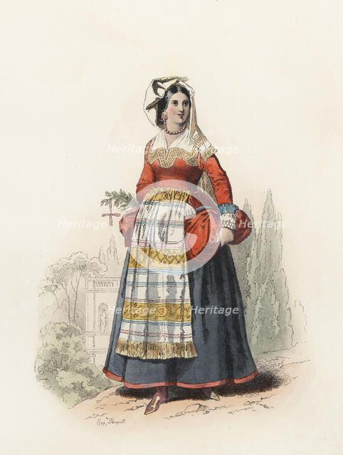 Woman from Villettri, near Rome, in the modern age, color engraving 1870.