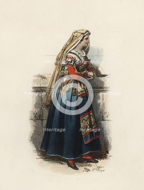 Woman from Cervera (Kingdom of Naples), color engraving 1870.