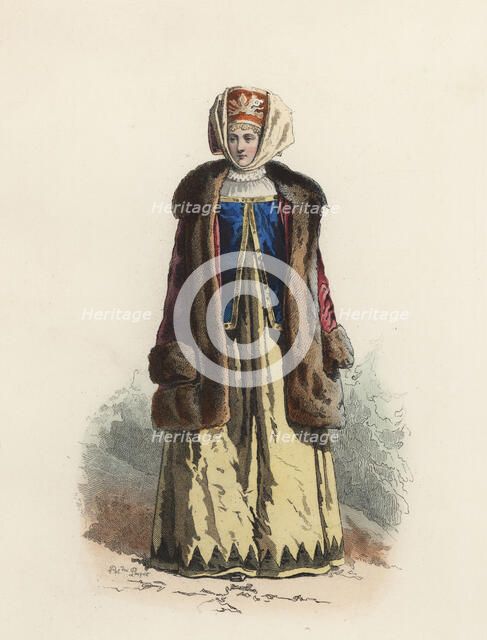 Woman from Kaluga (Russia) color engraving 1870.