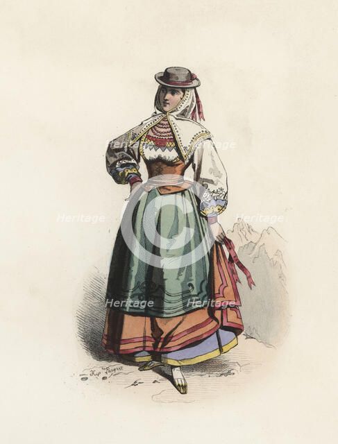 Woman from Salamanca, color engraving 1870.
