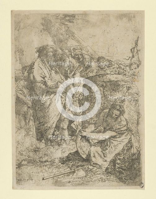 Woman kneeling in front of Magicians and other Figures, from the Scherzi, ca. 1740. Creator: Giovanni Battista Tiepolo.