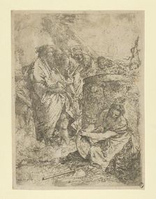 Woman kneeling in front of Magicians and other Figures, from the Scherzi, ca. 1740. Creator: Giovanni Battista Tiepolo